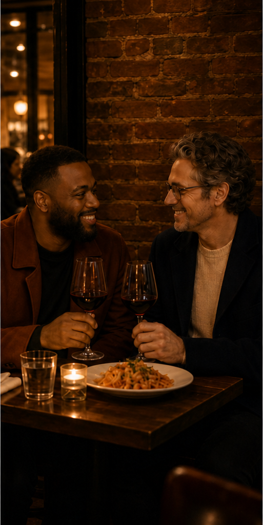 Two men at dinner with wine and pasta